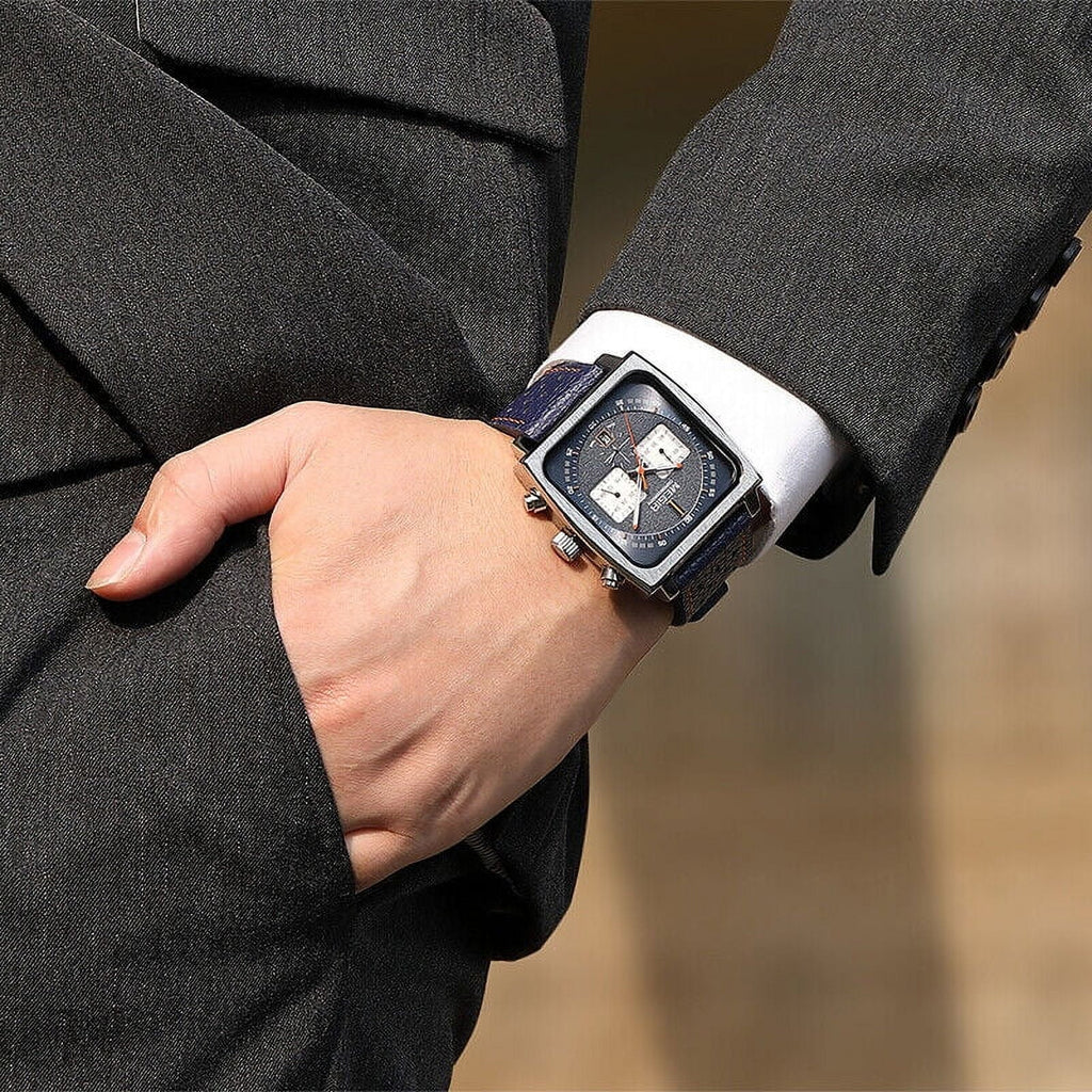 Display Watch Men's Date MEGIR Leather - Watch KingFurt Dial Square Waterproof Blue Luminous, Quartz -