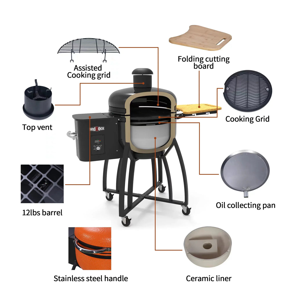 Patio,Orange diameter Roasted 24 Double Pan-roasted Smoked Liner Pellet Ceramic Grill BBQ Gridiron Outdoors with "Ceramic 4-in-1 for 19.6"