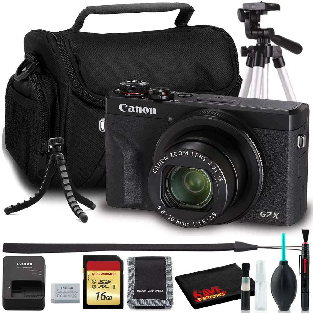 Tripod, Cleaning 16GB Model) Kit 6Ave Padded III 57" Canon Digital PowerShot with X G7 SD Flexible Card, and Bundle Bag, (Black) Mark (Intl Camera Tripod,