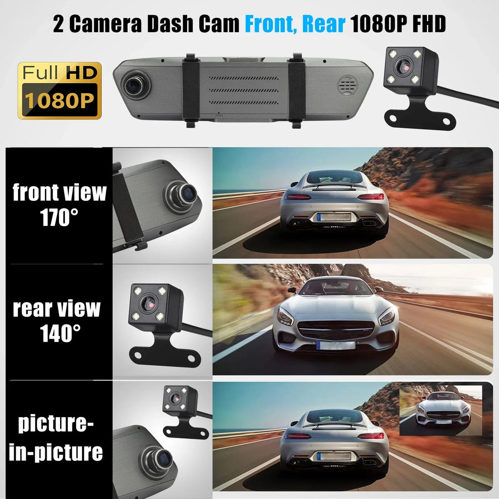 Lens and for View Wide-Angle Car Dual Mirror Vision, Dash Screen Cars, with Camera Touch Cam G-Sensor, Detection, Night 1080P EEEkit Mirror Camera Front 7inch Camera, 170° Rear Motion Dash