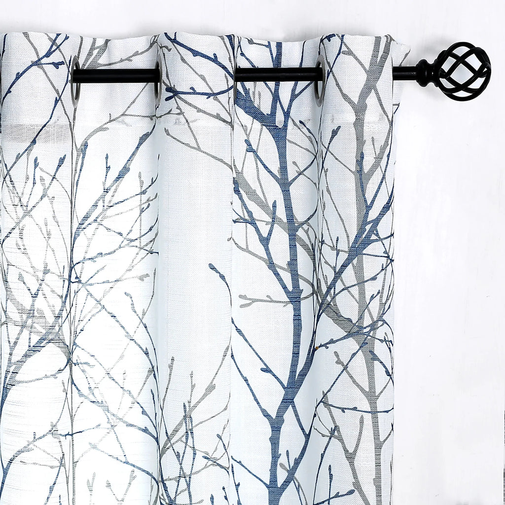 Curtain Textured Sheer Branches Linen Bedroom, Semi Blue for Grommet, Tree 52"x84"x2 Living White Curtain Print Sheer for Decoultimatex Panels Room Window Set Drapes Gray