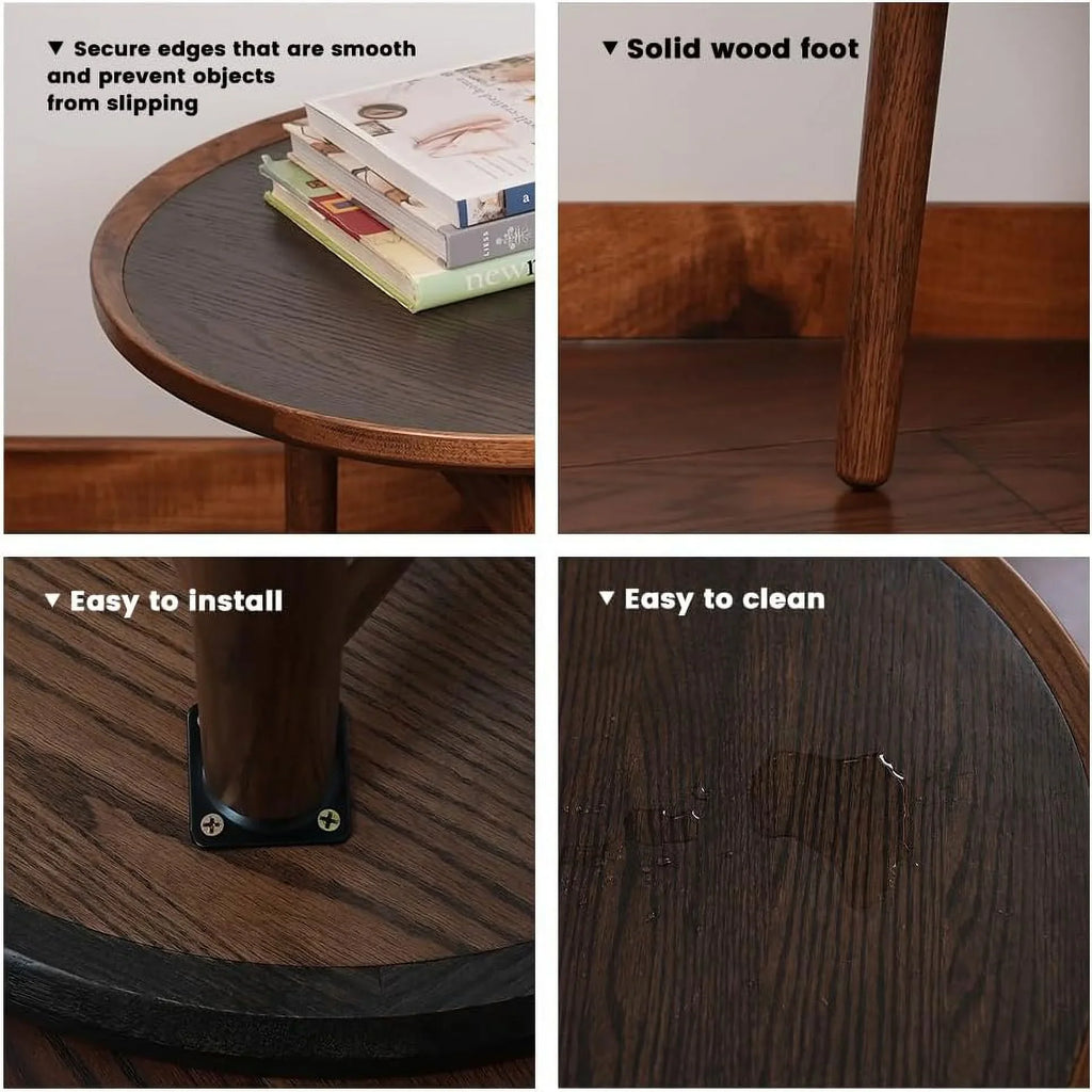 Coffee with CONSDAN Standard & Hardwood Balcony - Feet Side Table Solid Oak Wood Round Structure for Living Room, Solid Bedroom, Table Nesting Table,
