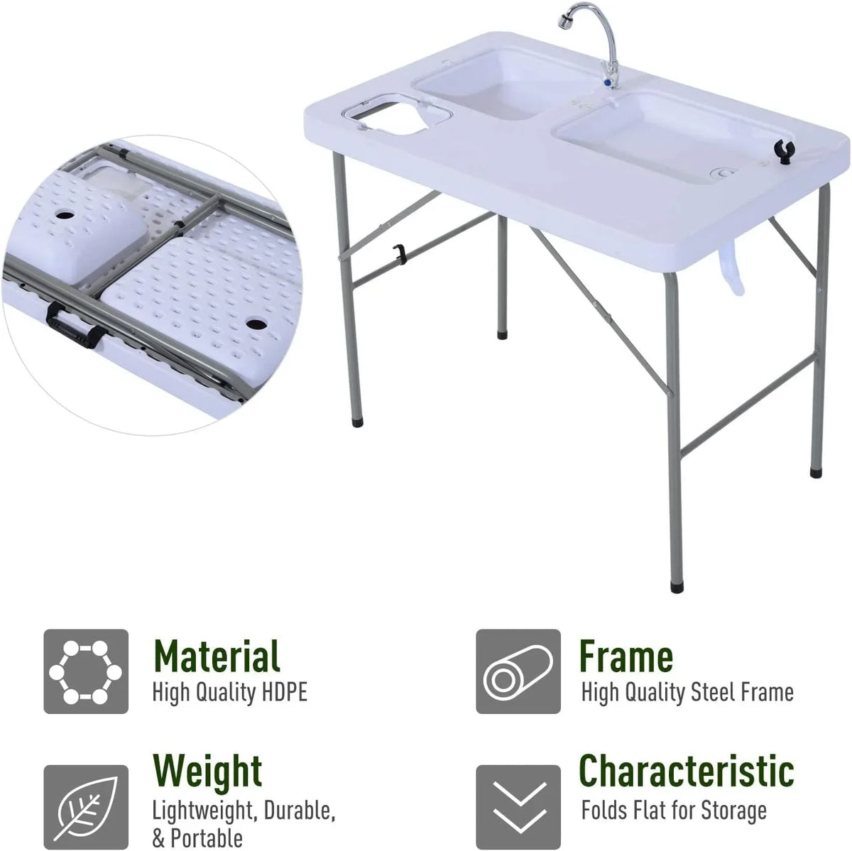 Faucet Fish Basins, exterior for Dual Camping Table 40'' Table and with liquid Sink Fishing, Folding Picnic, Station,