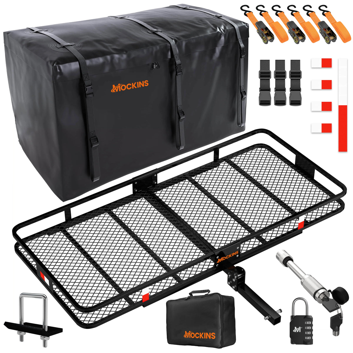 500lbs Bag Mockins | & Foldable Arm Hitch Cap. Basket XXL 70"x30"x6" Cargo Hitch 40 Carrier Hitch Trailer with CF Mount