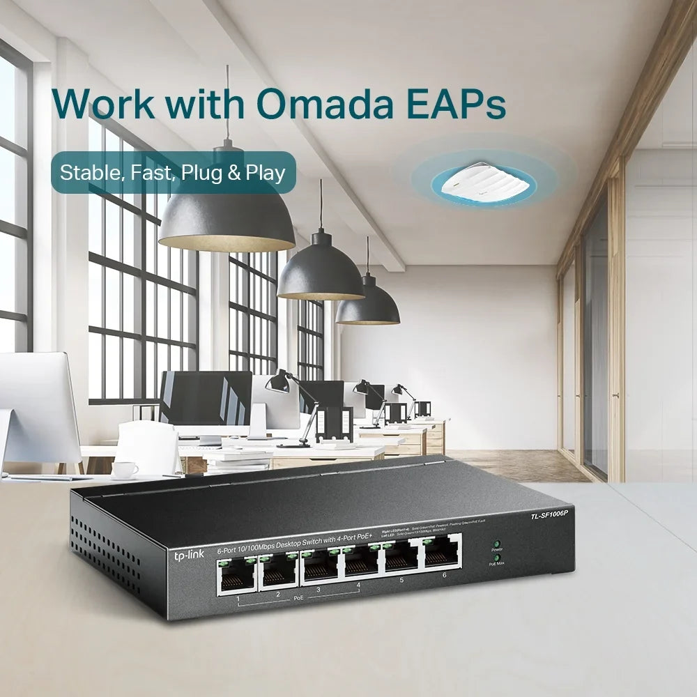 | Plug TP-Link 6 | Play Mode PoE+ 67W & Protection Sturdy Priority Limited Mode Ethernet 4 Port Switch Ports w/Shielded Metal | 10/100Mbps (TL-SF1006P) @ | Ports Fast Lifetime PoE | Extend |