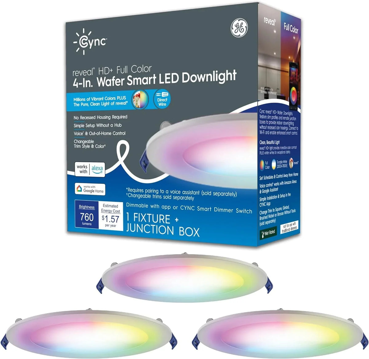 Changing 13 Amazon Lights, Lights, , Wafer Color HD+ (3 CYNC and Full LED YGDU Fixture, Watts, and Reveal with Alexa 4 Smart Works Inches Pack) Downlight LED