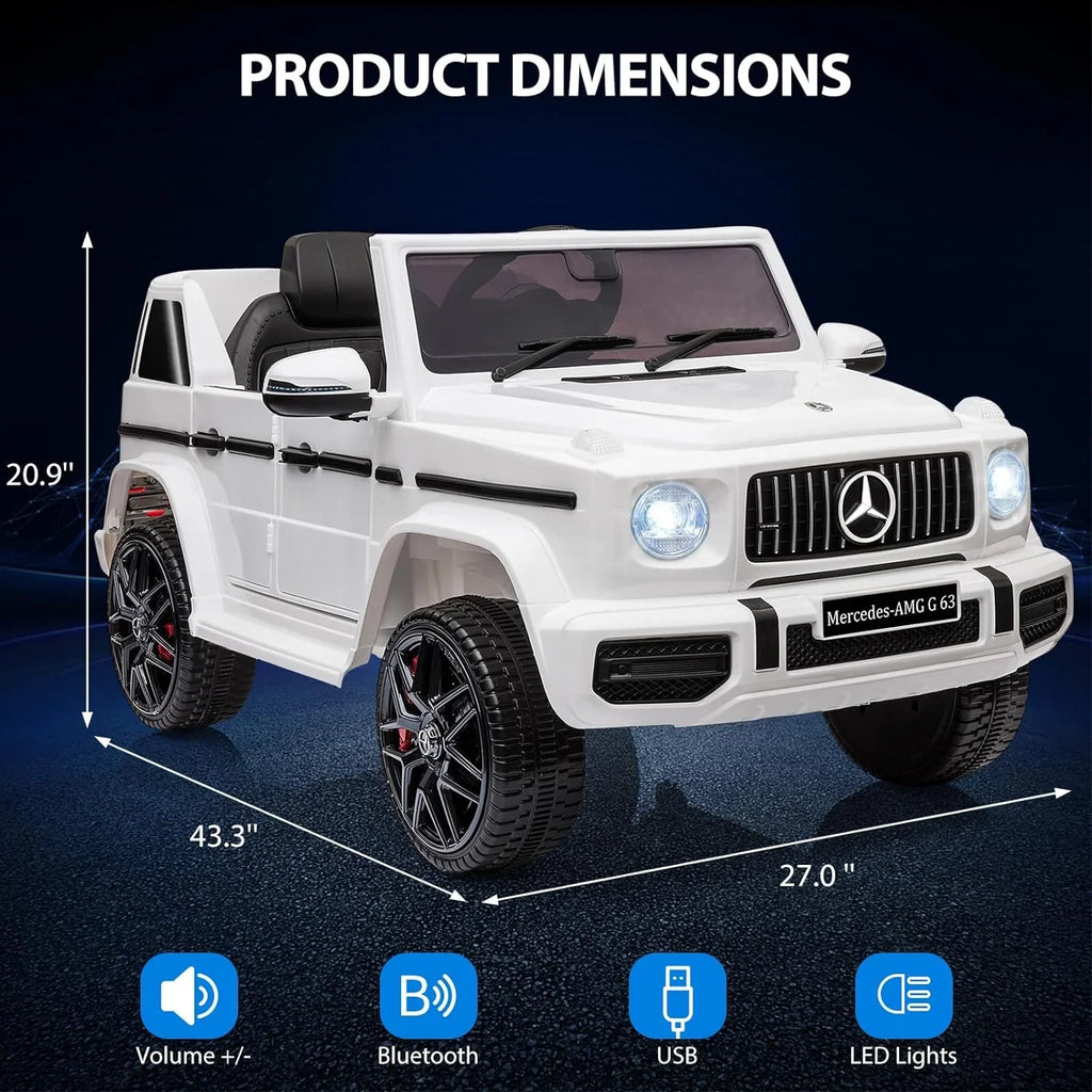 Music, Battery on White Light, G63 Powered AUX, Electric Benz Vehicle, Lock Car, Bluetooth, Ride Car LED w/Remote Kids Electric Safety Control, Suspension, Licensed 12V Spring Horn,