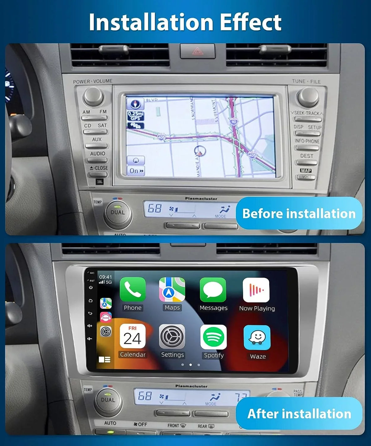 Carplay Podofo 1080P Link Wireless Touchscreen 2+32G Backup FM 9'' Bluetooth, Android WIFI Stereo for Mirror AHD GPS Radio Camry HD Car Hifi 2006-2011 Auto Camera