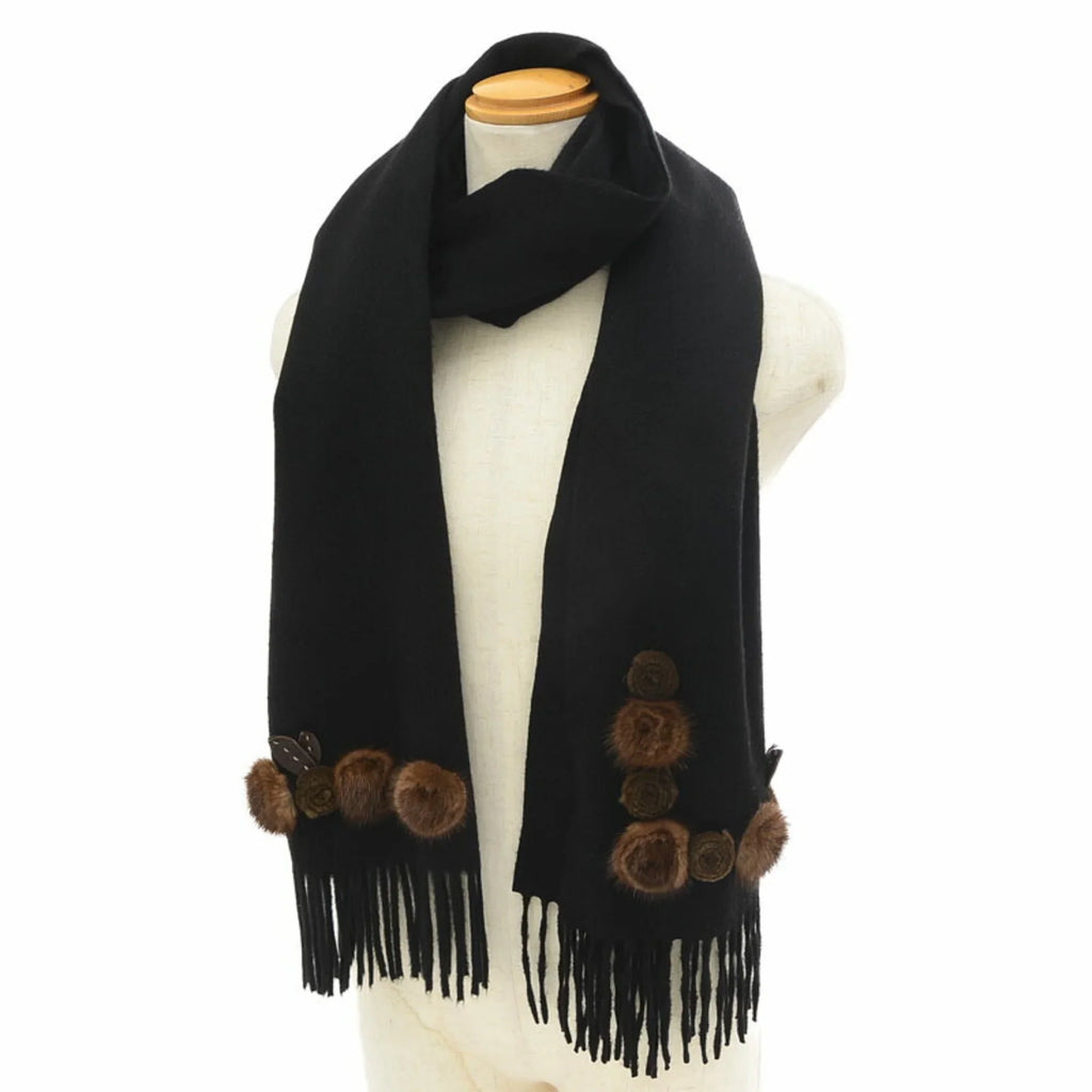 Cashmere 100% Pre-Owned Scarf Stole (Good) Motif Black Flower Fendi