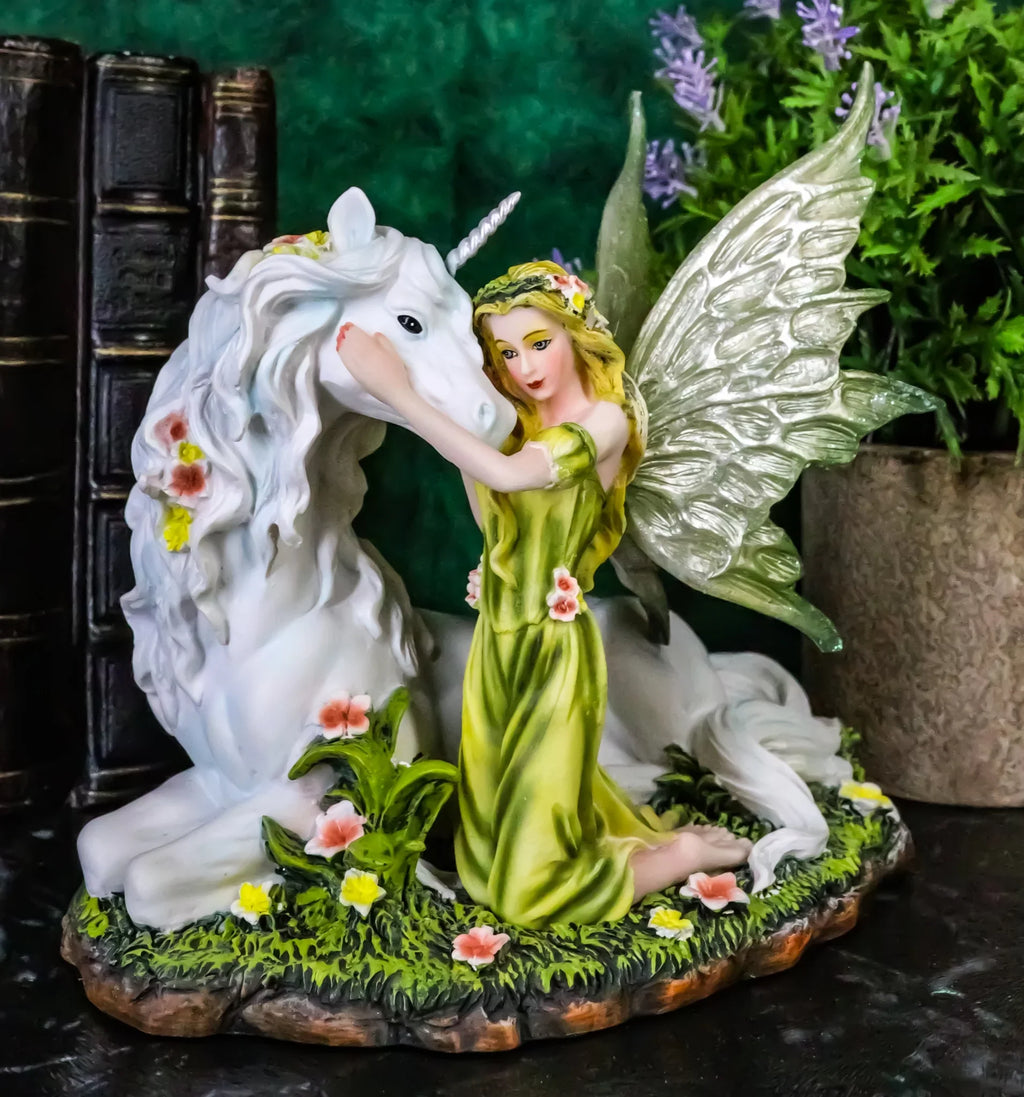 Green White With Floral Earth Figurine Gaia Unicorn Rare Statue Fairy 7"L Decor