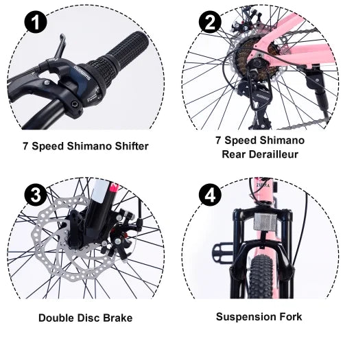 24 alloy Mountain Frame,10 inch shimano Boys for Frame and Girls Mountain fork,Aluminum bike,Suspension 7-Speed inch Bike