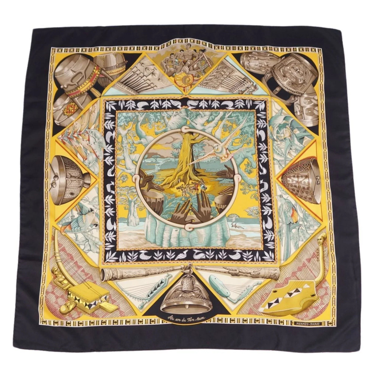 Au Pre-Owned ladies multi color Tam tam (Good) 90 silk of To sound the Muffler du Son Carre HERMES 100% Scarf