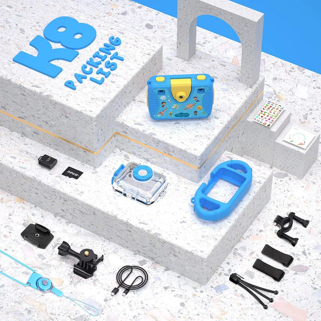 / 4 2.4 with Extra 1080P Camera K8 Silicon Screen, Video Junior 32GB Large Case Waterproof Fill Kids Recognition, Light, Selfie Face Blue inch Memory Kid-Proof 8MP Camera Games, Supported VanTop Card,