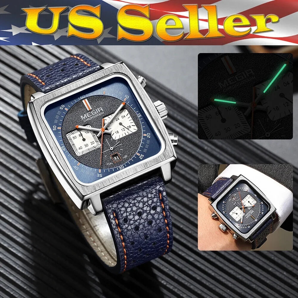 Display Watch Men's Date MEGIR Leather - Watch KingFurt Dial Square Waterproof Blue Luminous, Quartz -