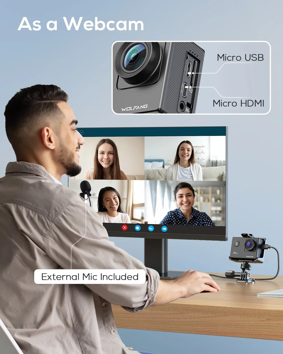 Stabilization 4K Camera Action WiFi Camera 20MP Cam Action Video Waterproof 170� Camera 40M EIS Underwater WOLFANG