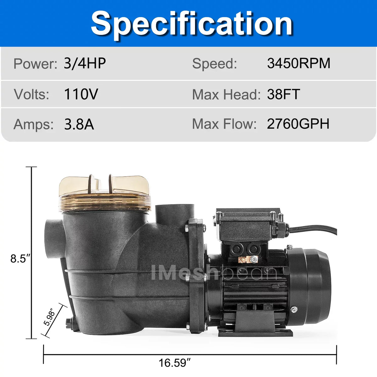 w/ Ground liquid and Pool iMeshbean Inground Pump, Head Above Circulation, 3/4HP Motor Swimming Max Pool Swimming 38FT, 2760GPH, Above Ground for Basket 110V, Pool Strainer