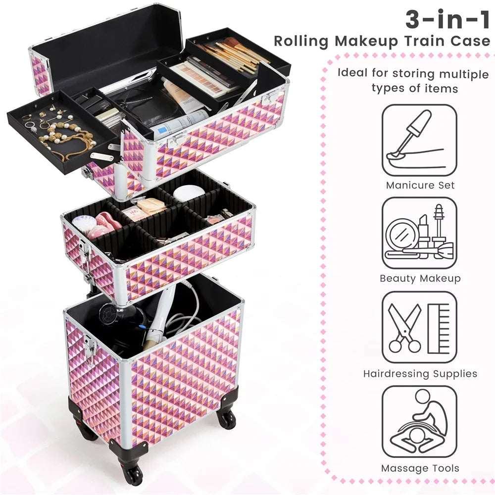 with 3-in-1 Trolley Large Makeup Rolling Case Storage, Topeakmart Pink Train Cosmetic