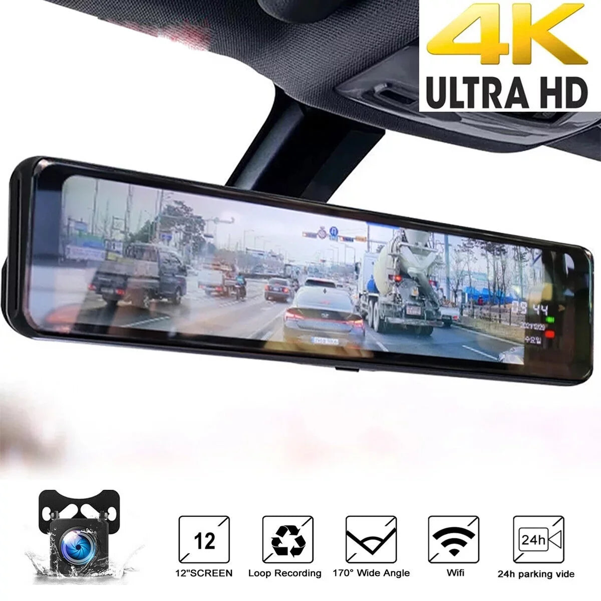 Screen Front 170° Waterproof Parking Rear Dash View Cam Full Car Camera Touch Night Camera Backup HD Vision, and Monitor Large Starlight Backup 12" Angle, Camera 4K Wide Mirror
