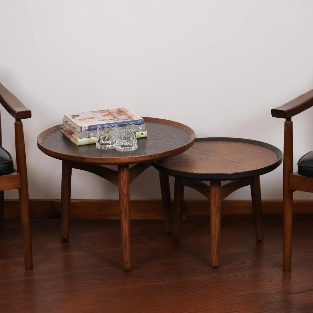 Coffee with CONSDAN Standard & Hardwood Balcony - Feet Side Table Solid Oak Wood Round Structure for Living Room, Solid Bedroom, Table Nesting Table,