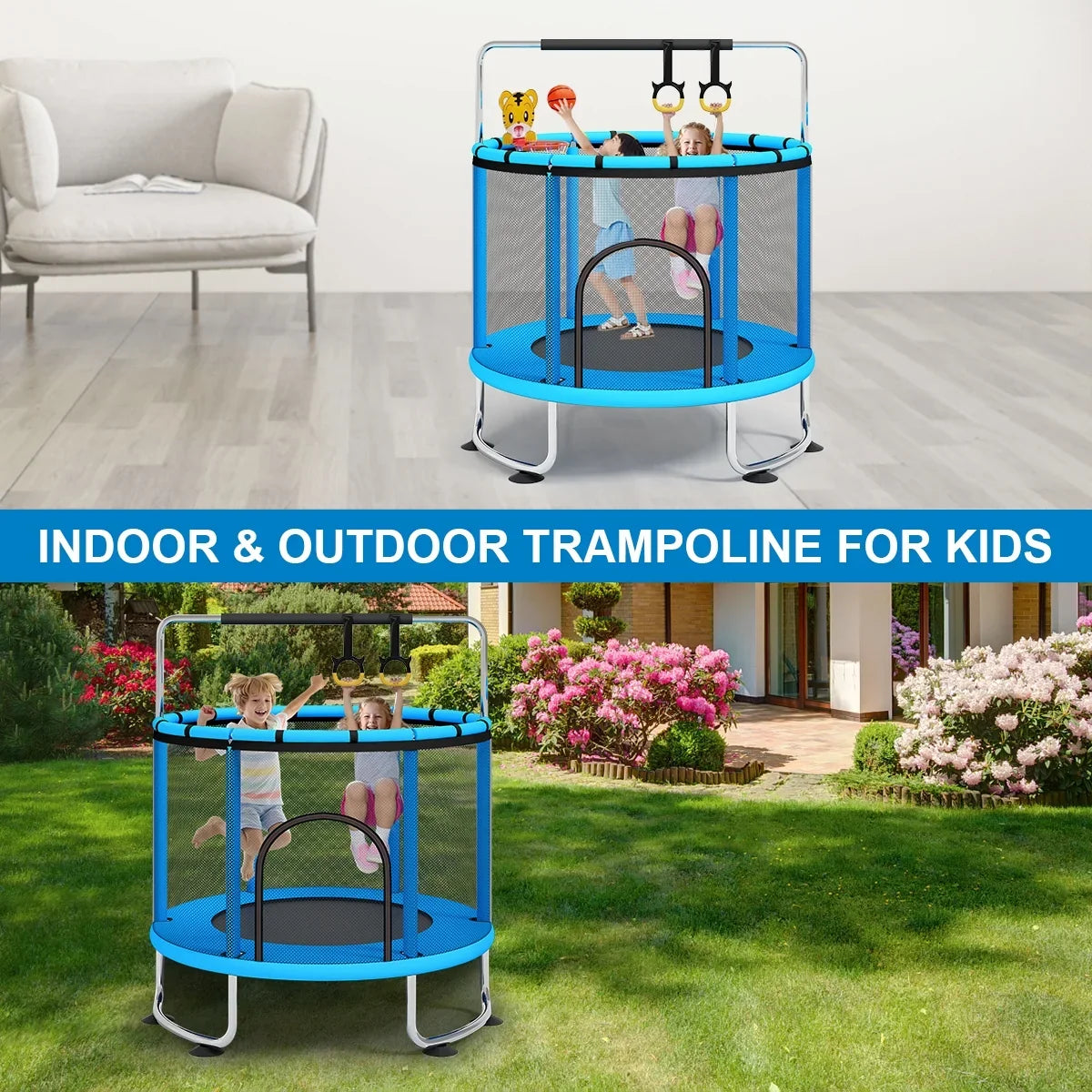 Toddler Enclosure and Indoor with Basketball 55''Mini Net Rings, 555lbs for Kids, Fisca Trampoline Hoop, Trampoline Trampoline, Load