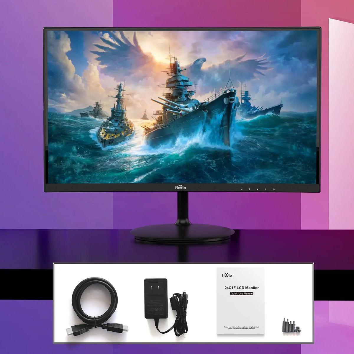 Fiodio with Ports 24" Monitor Rate Curved Cable LED Wall Ready Speakers, Mount 75Hz VESA 1080P (HDMI VGA FHD Refresh HDMI Included)