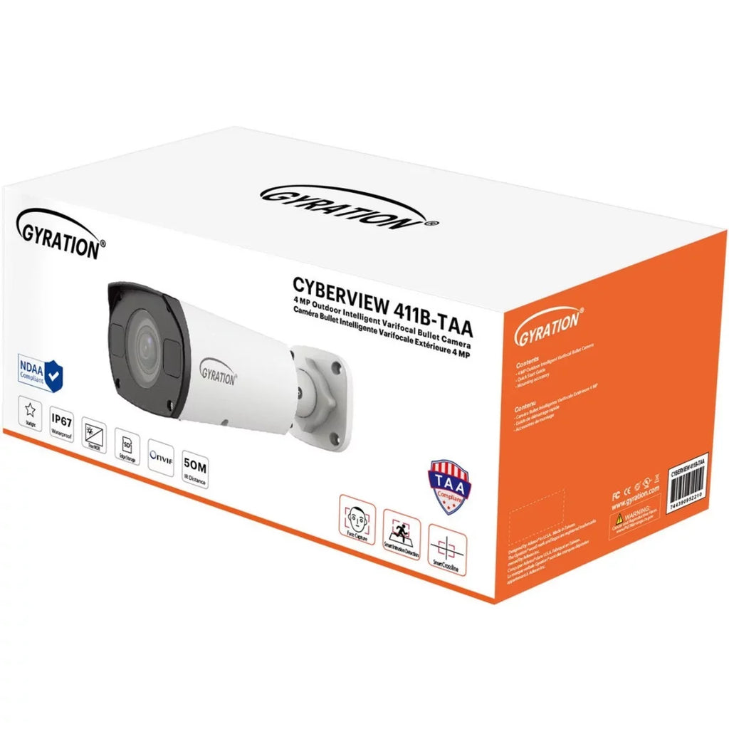 Bullet, Compliant Gyration 411B-TAA Indoor/exterior Megapixel Network 4 Camera, Color, CYBERVIEW TAA HD