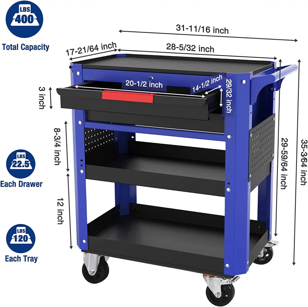 2-Drawer Service for Warehouse, Duty System, and with Heavy lbs 28" WORKPRO Organizer Locking Wheels Garage, 400 Utility Cart Tool Workshop, Load Storage Rolling Premium Cart, Industrial Mechanic,