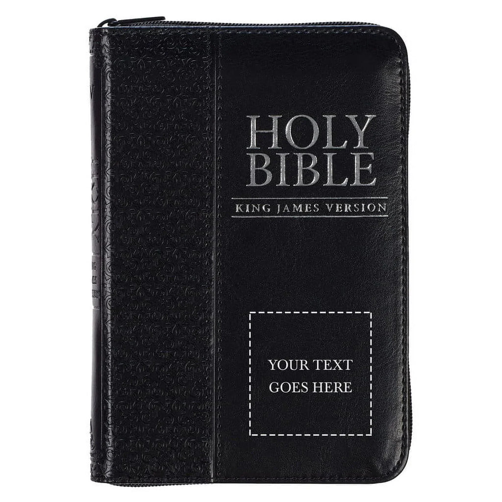 Travel Of Pocket briefcase Ideal King Personalized To Bible Compact with Black Text Name James Custom with Bible for Leather Zipper or backpack, purse, KJV Faux | Holy Closure in - 3 Up Version Rows