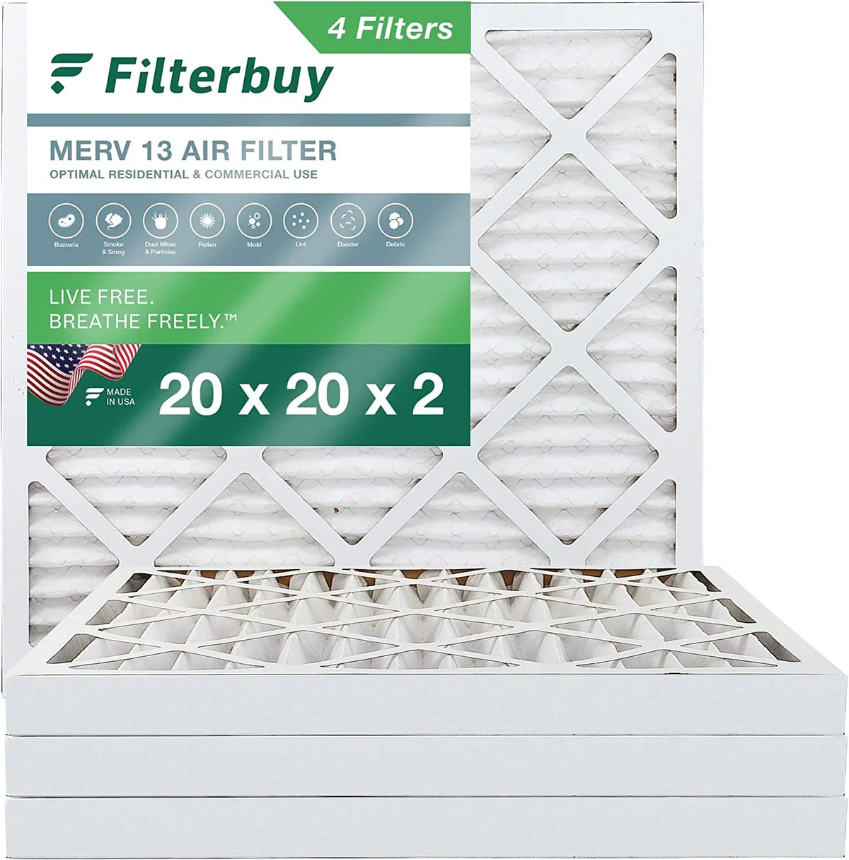 HVAC Filters Filterbuy (4-Pack) Pleated Furnace 13 MERV 20x20x2 Air AC