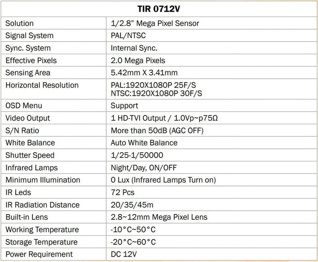 2MP Bullet 12V IR 72 Eyemax exterior LED TIR-0712V 2.8-12mm, HD-TVI Camera, DC