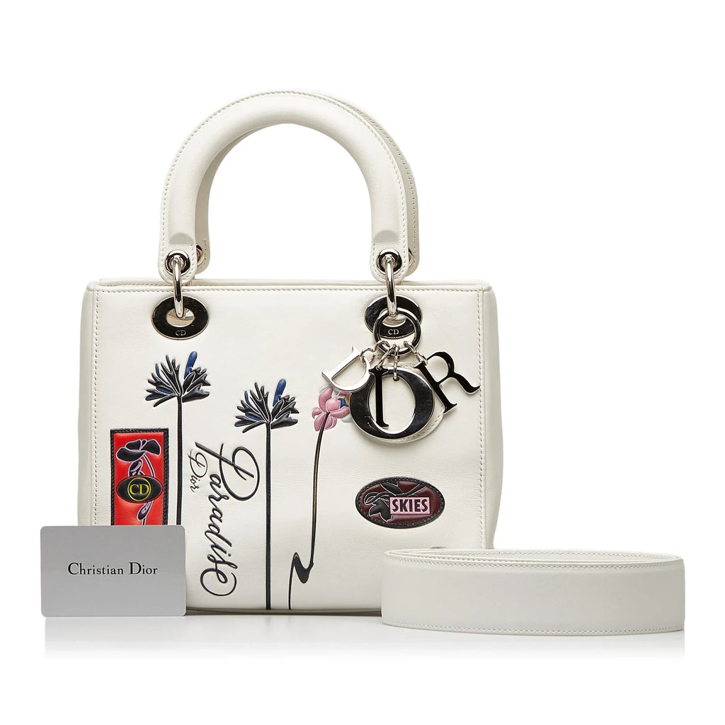 Dior White Lambskin Authenticated Leather Satchel Lady Unisex Pre-Owned Paradise (Good) Medium