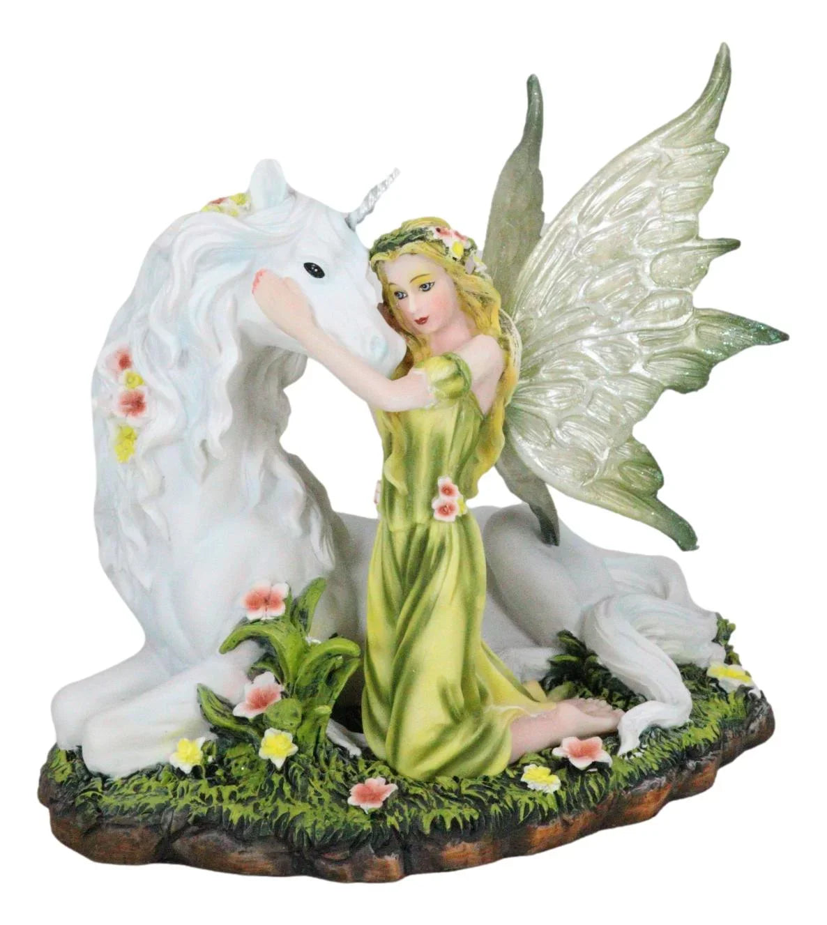 Green White With Floral Earth Figurine Gaia Unicorn Rare Statue Fairy 7"L Decor