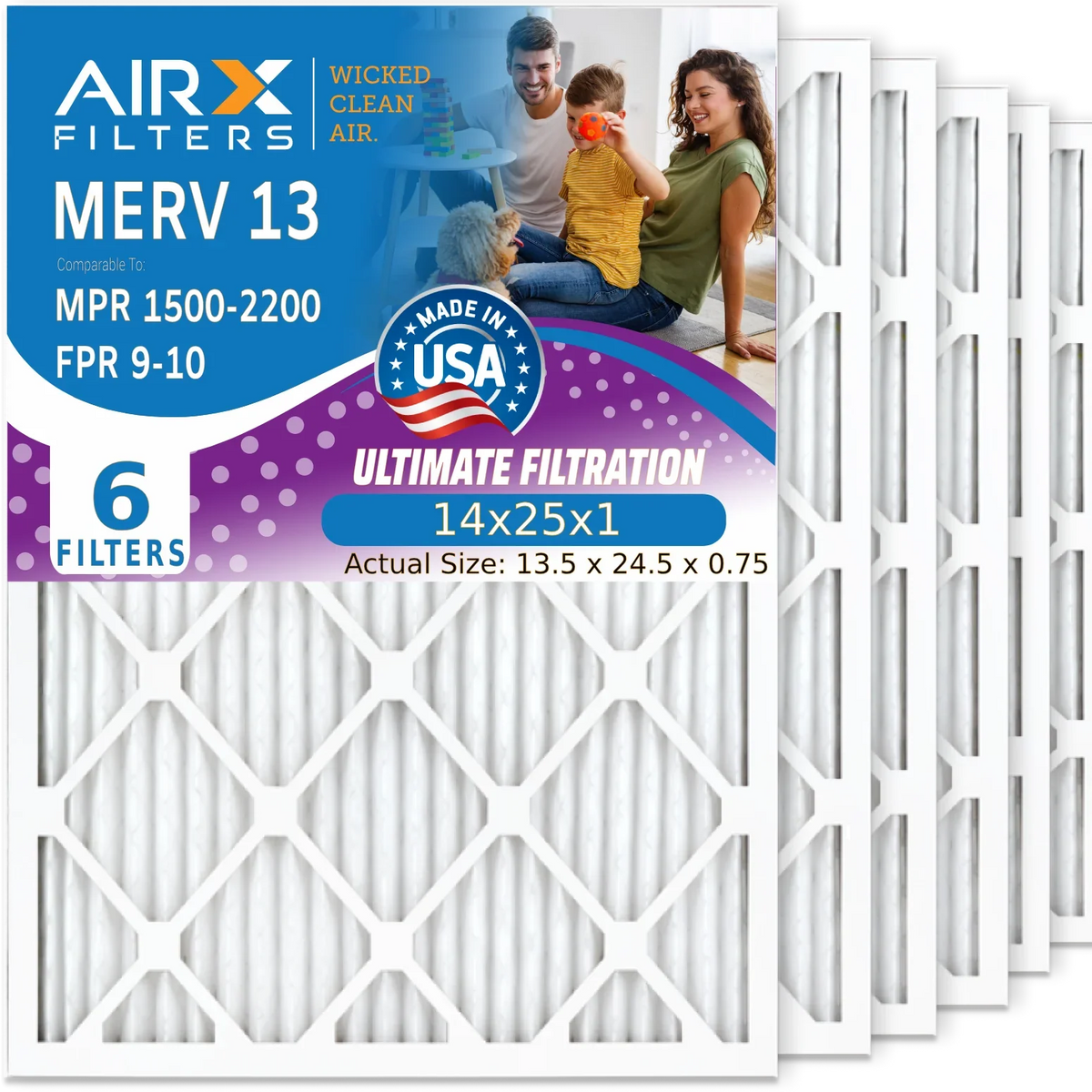 9 MPR Made Pleated 2200 Conditioner Electrostatic Furnace by FPR Filters Comparable 14x25x1 AIRX 13 FILTERS 14x25x1 Air 6 USA Pack Filter CLEAN Air - 1500 WICKED AIR. Filter AC Premium to HVAC & MERV