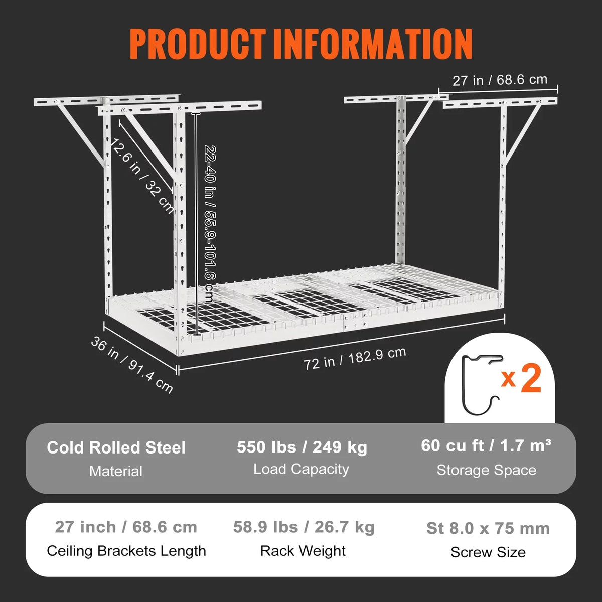 Adjustable White VEVOR Rack Overhead 36x72in Storage Ceiling Garage 550lbs Rack