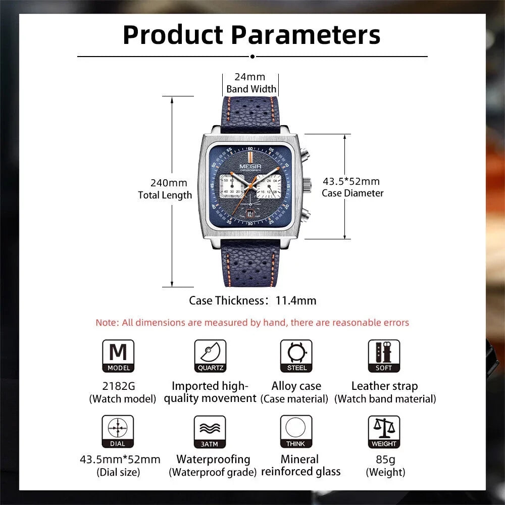 Display Watch Men's Date MEGIR Leather - Watch KingFurt Dial Square Waterproof Blue Luminous, Quartz -