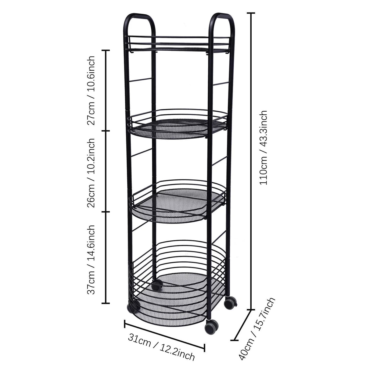 Rolling Cart, Organizer Storage Basket Carts Utility 4 Wheels, Cart, Trolley Metal Tier Art with Storage Black Kitchen