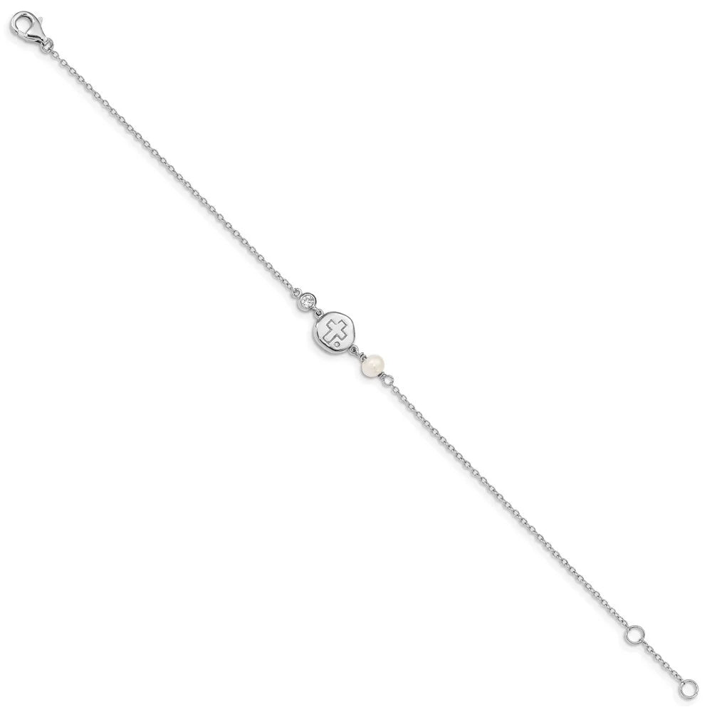 925 Women CZ/Cross/FWC Pearl RH-plated for ext Sterling Bracelet Auriga Silver w/0.5inch