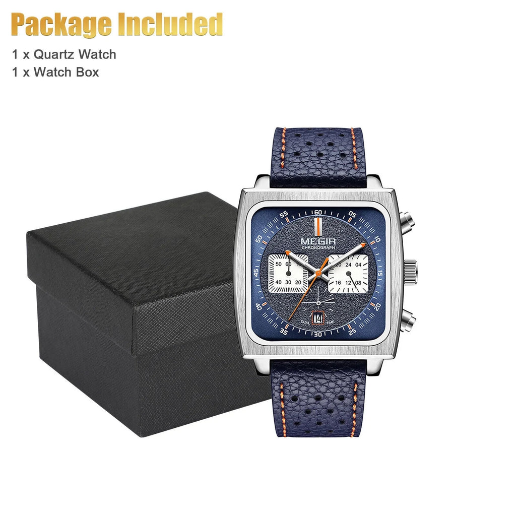 Leather Wrist MEGIR Watch Waterproof Quartz Fashion Luminous Men Calendar Square