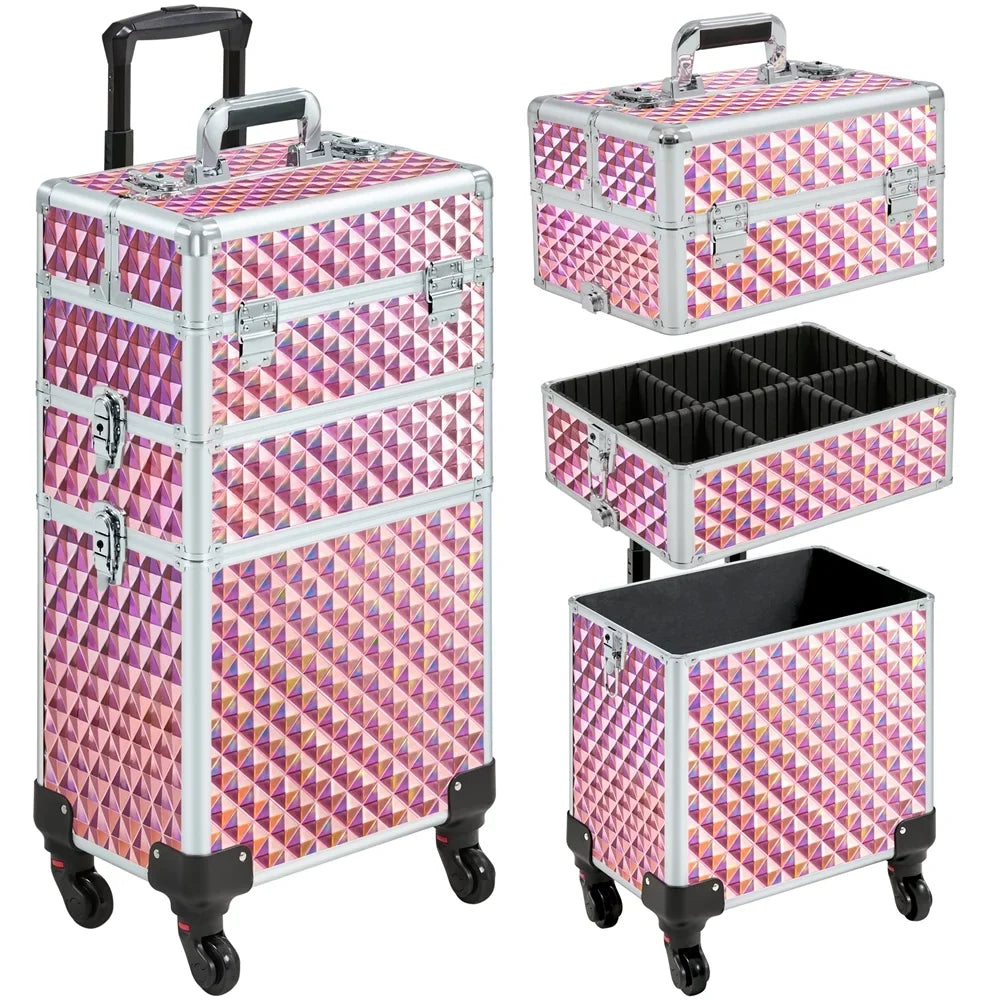 with 3-in-1 Trolley Large Makeup Rolling Case Storage, Topeakmart Pink Train Cosmetic