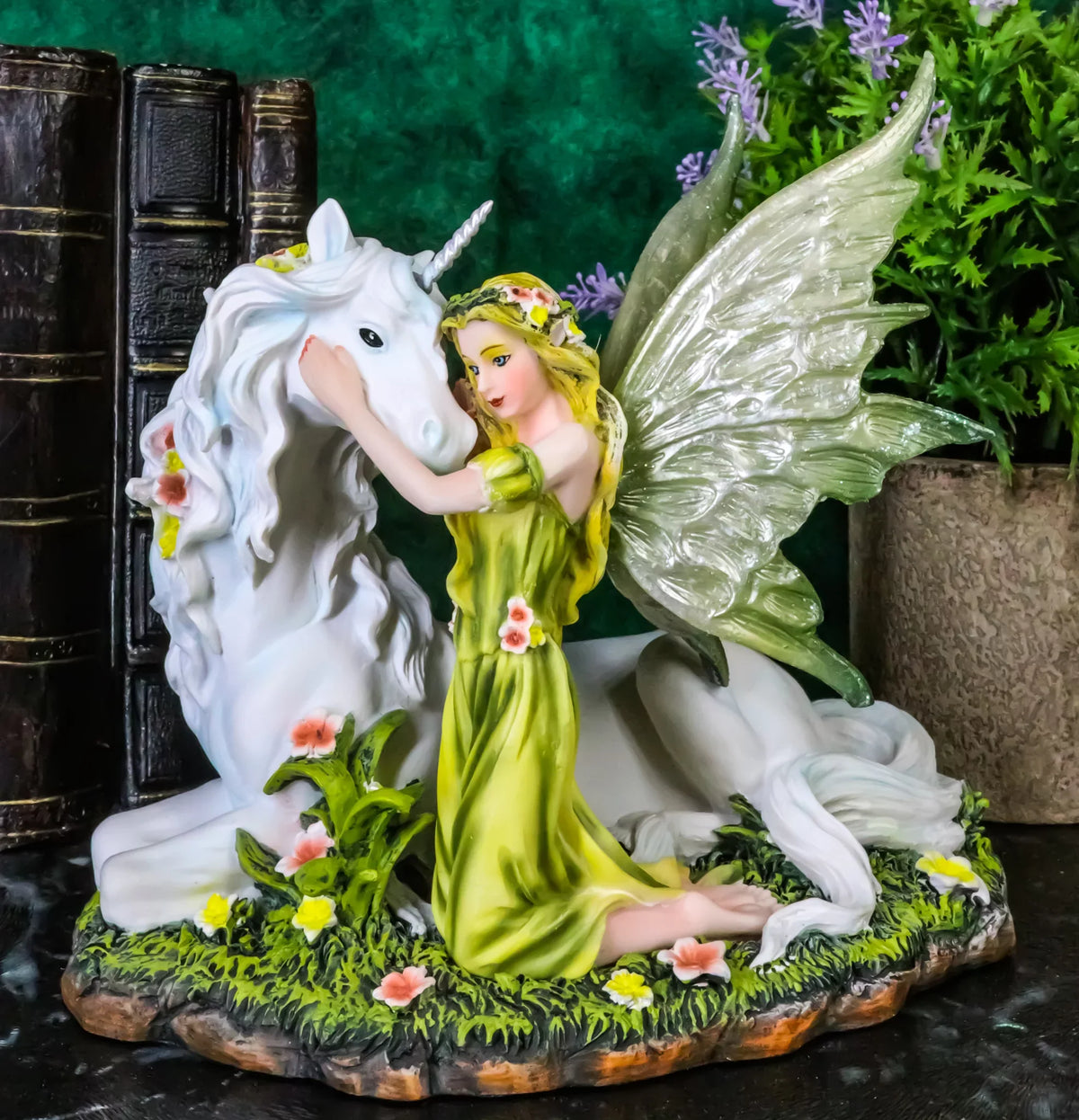 Green White With Floral Earth Figurine Gaia Unicorn Rare Statue Fairy 7"L Decor