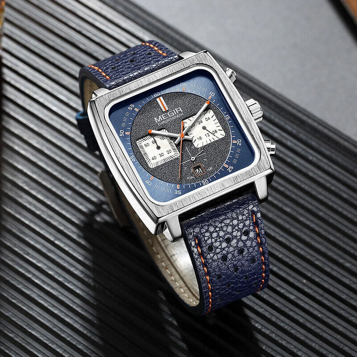 Display Watch Men's Date MEGIR Leather - Watch KingFurt Dial Square Waterproof Blue Luminous, Quartz -