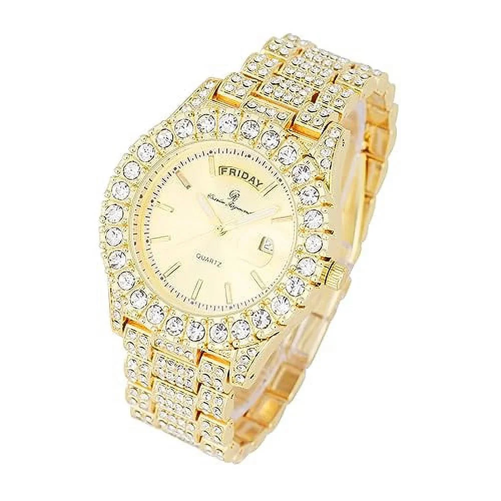 Mens Colorful Diamond w/Easy Read Big Charles Iced Blinged Fully Raymond &Day Hop Designer ST10535 and - Out Hip Out (ST10535-LN Timepiece Gold) Rocks Dials- Watch Date