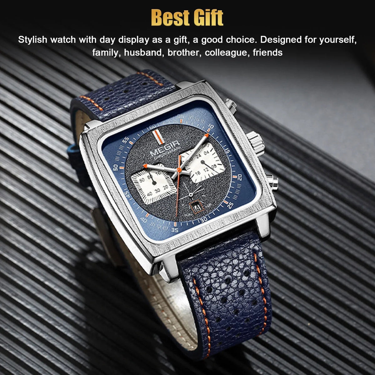 Leather Wrist MEGIR Watch Waterproof Quartz Fashion Luminous Men Calendar Square