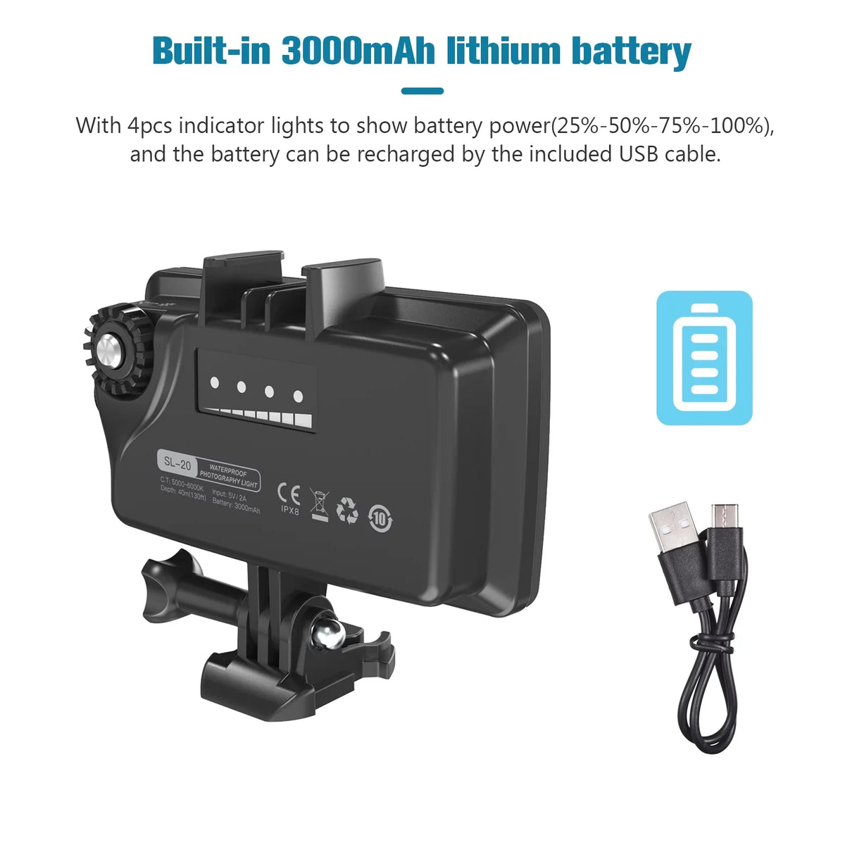 RGB Diving IPX8 Built-in Fill Video Photography CRI95+ Modes for SL-20 Tomshoo 40M Rechargeable Replacement for Battery Underwater Waterproof Dimmable Underwater Snorkeling 8 Video