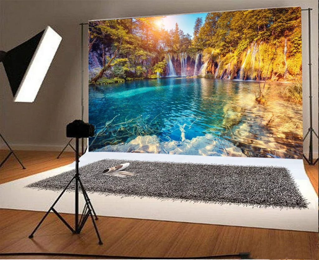 Background Portraits Photography Beautiful Studio Backdrops Scenery Cascades Nature 7x5ft Trees Mountain Waterfall liquid View Autumn Video Shooting GreenDecor Loveliest Props and