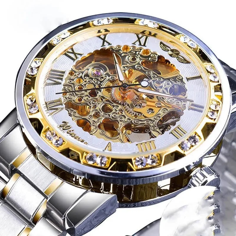 Gift Silver Gold White Movement Diamond Wrist Gear Skeleton Watch 1pc Luxury Men Exquisite Mechanical Business