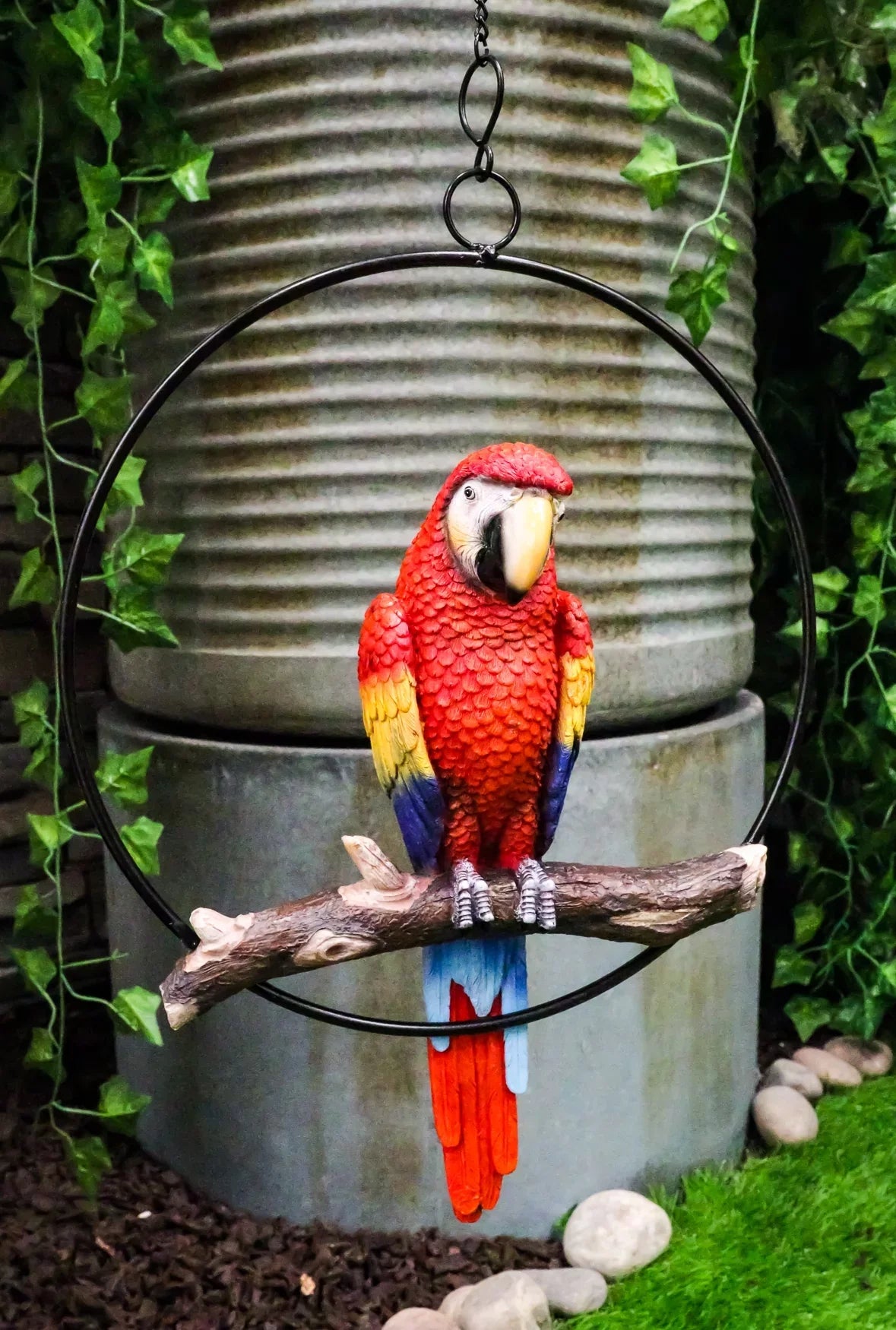 13.5"H on Scarlet Metal Hanging Round in Perching Macaw Ebros Parrot Branch Ring