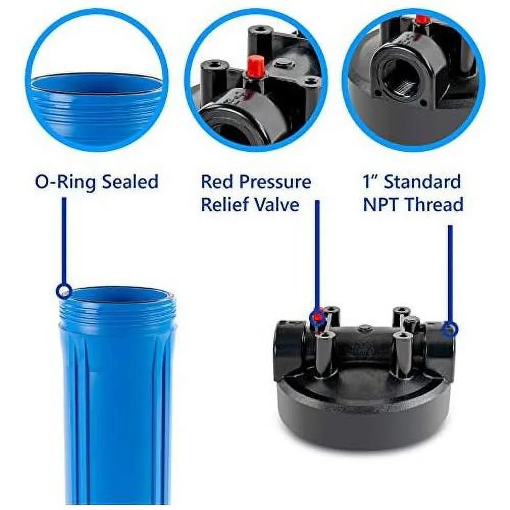 npt duty inlet 20”, universal filter housing whole liquid outlet, housing, wrench, 1-inch button heavy house pressure includes x dimension release 20-inch replacement standard 4.5”