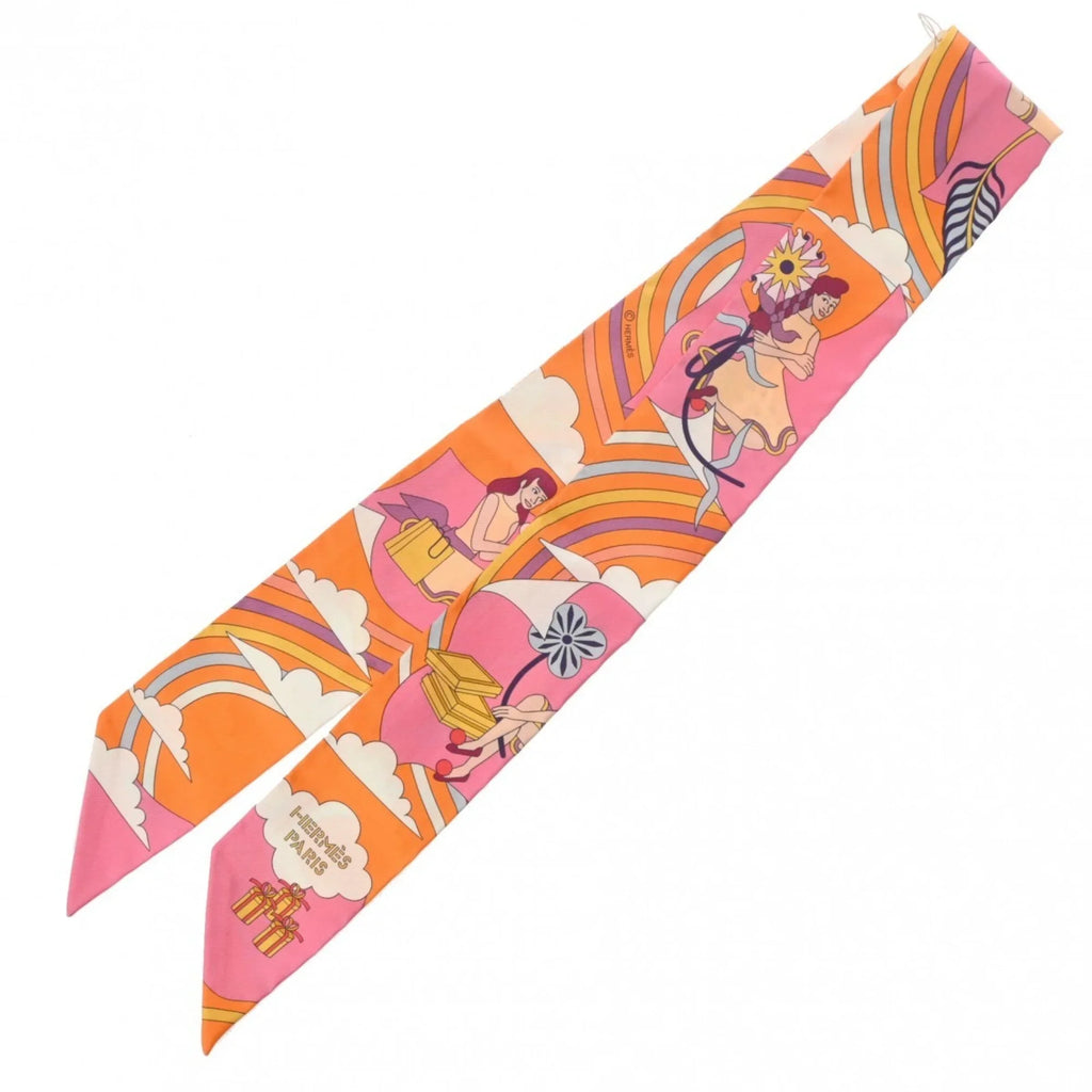 Silk Volants Muffler - (Like Scarf New) Orange/Rose/Mauve HERMES 100% Pre-Owned Women's Twilly Carres