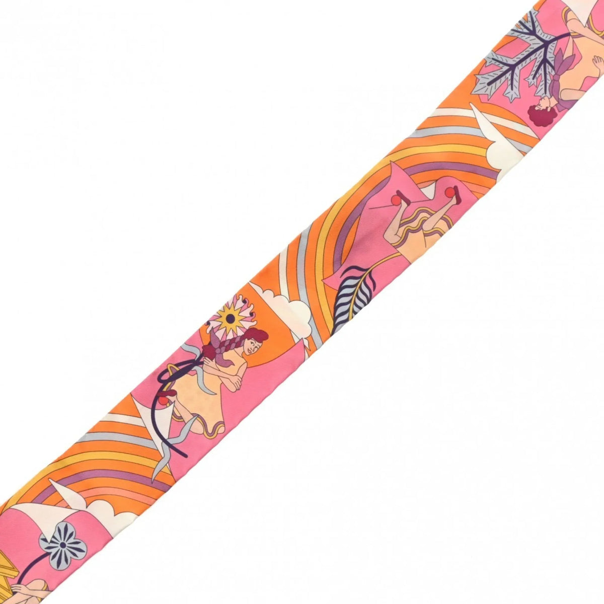 Silk Volants Muffler - (Like Scarf New) Orange/Rose/Mauve HERMES 100% Pre-Owned Women's Twilly Carres